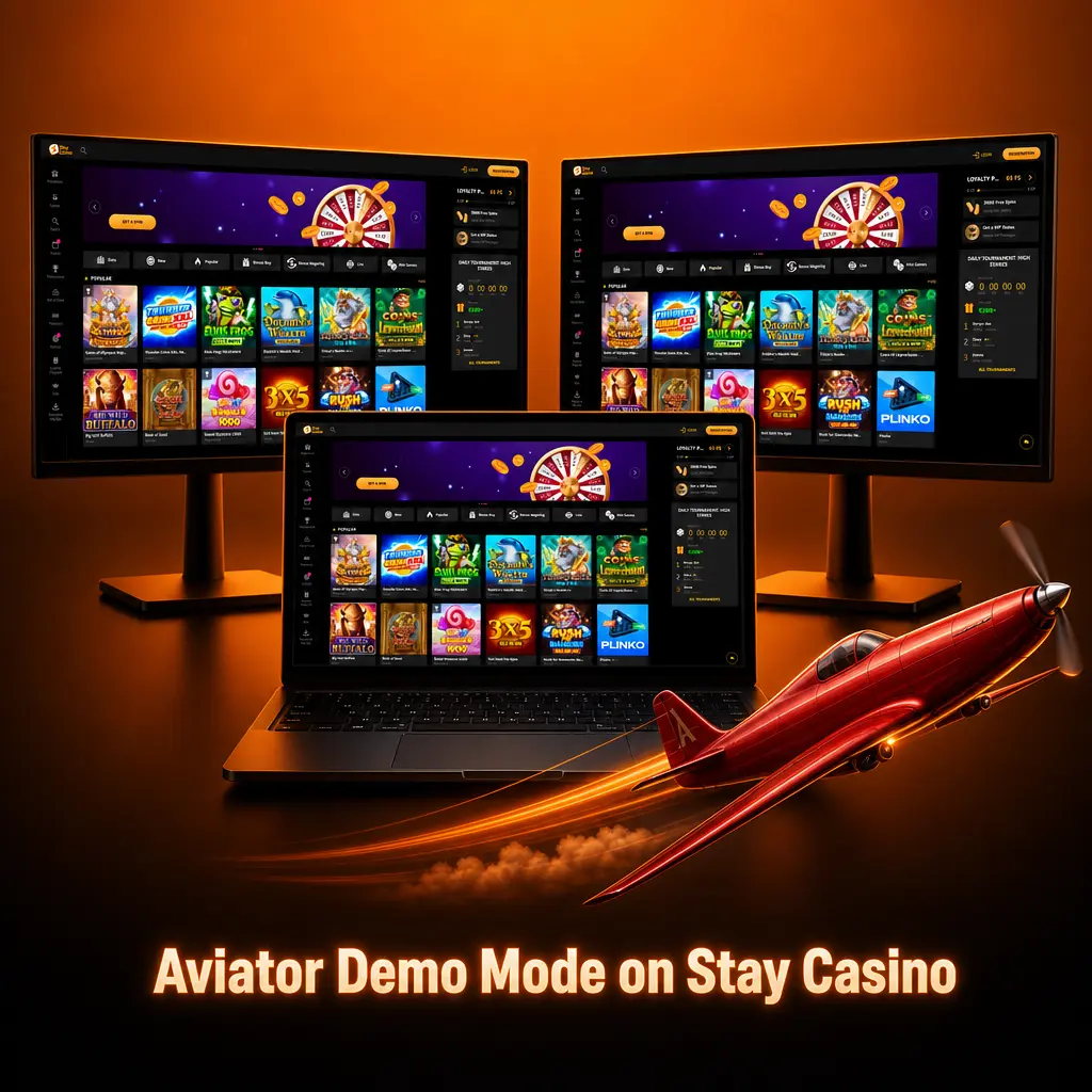 Stay Casino Aviator demo mode interface showing virtual credits gameplay with multiplier and cash-out controls