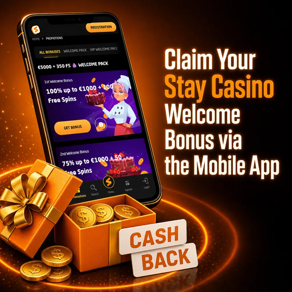 Stay Casino mobile app on Android and iOS showing welcome bonus claim process with registration and deposit steps