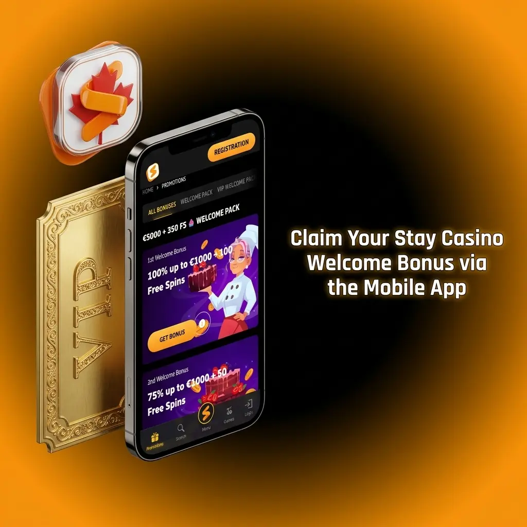 Stay Casino mobile app on smartphone showing welcome bonus registration and deposit steps for Android and iOS users