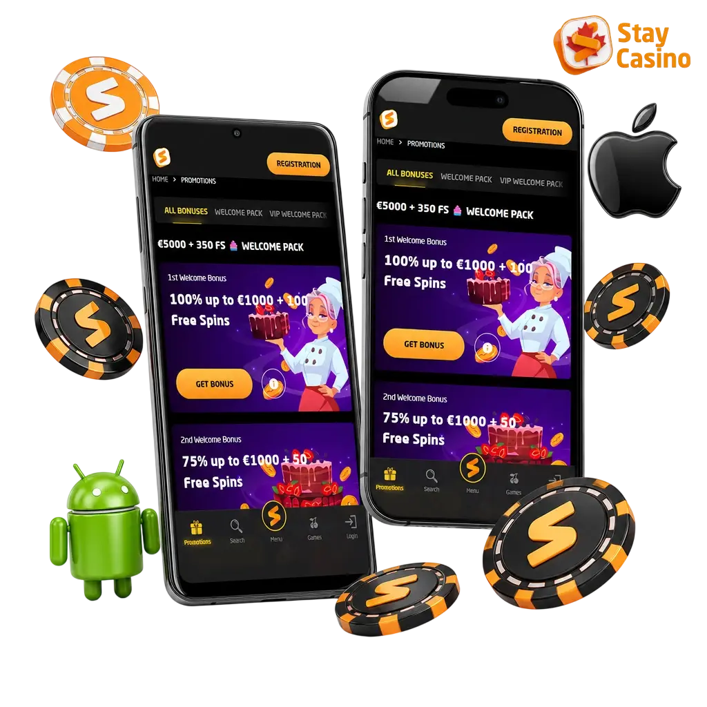 Stay Casino app download for Android APK and iOS with sports betting, casino games, and bonuses up to EUR 5,000 in Canada