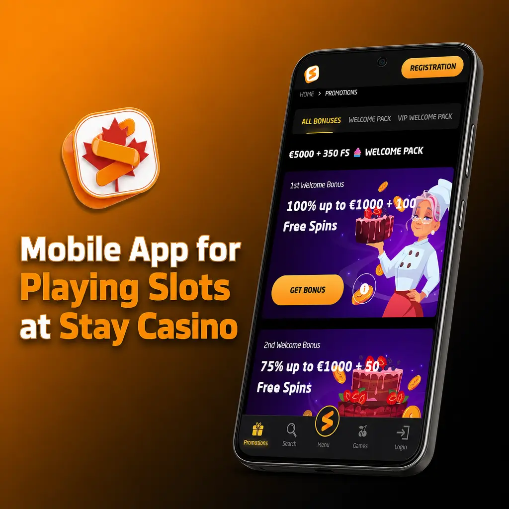 Stay Casino mobile app interface showing slot games on a smartphone screen with navigation panel and game controls