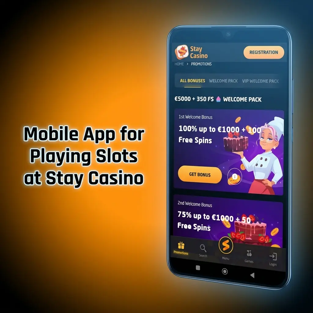Stay Casino mobile app interface showing slots gameplay on a smartphone with navigation controls and bet settings