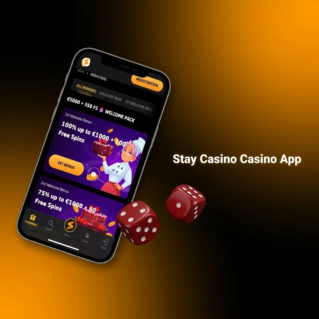 Stay Casino app interface showing live casino games, slots, and sports betting with one-tap navigation on mobile
