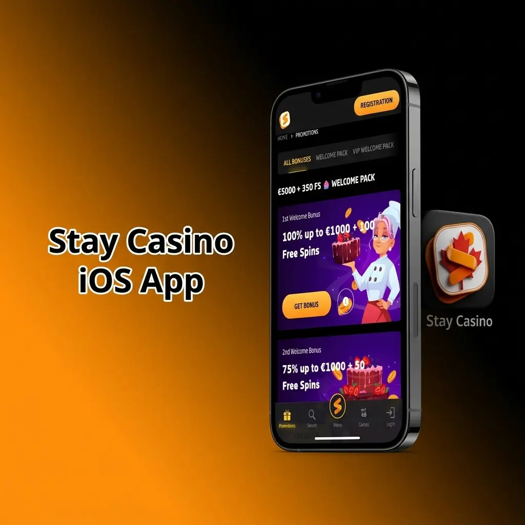 Stay Casino iOS app interface on iPhone and iPad showing sports betting, live casino, and account management features