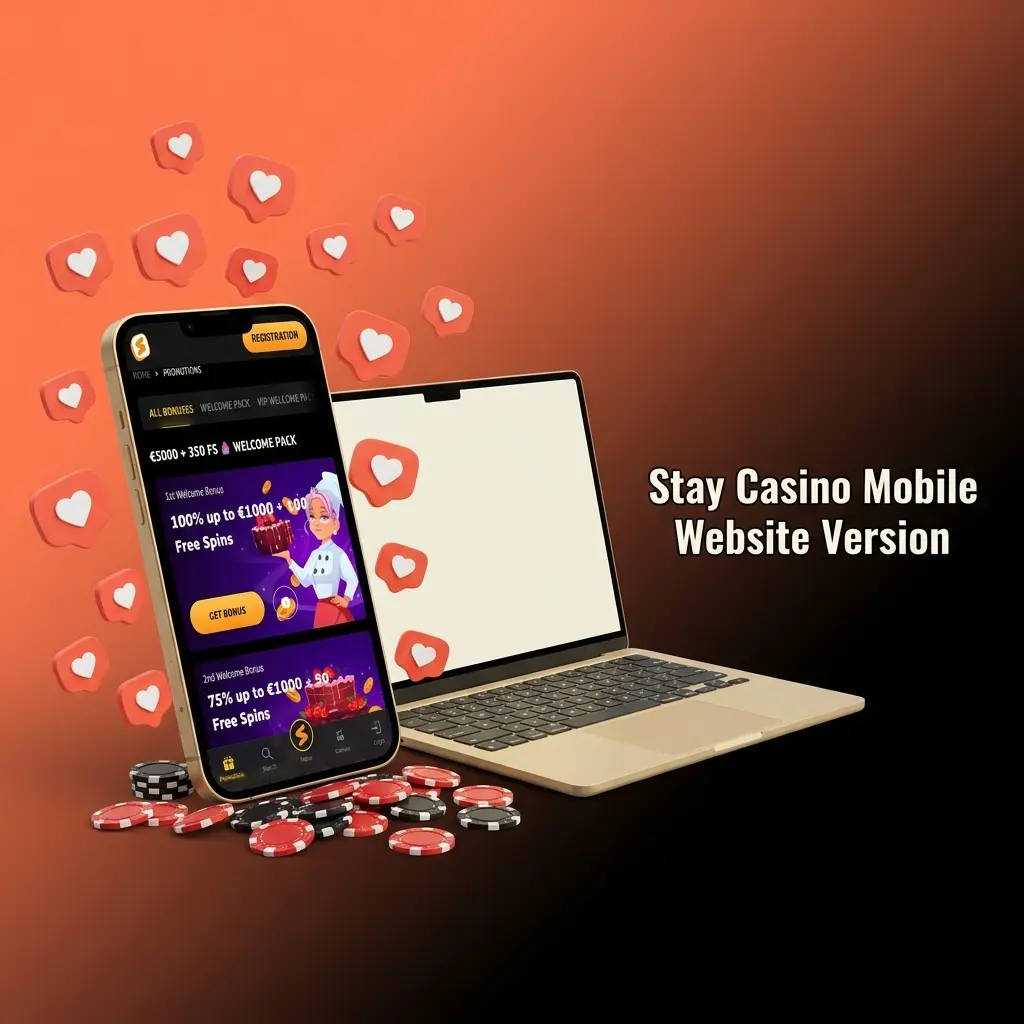 Stay Casino mobile website interface displayed on smartphone and tablet, offering sports betting, live casino, and table games
