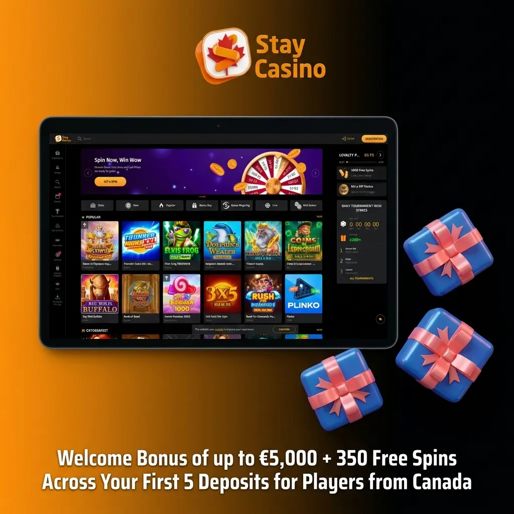 Stay Casino welcome bonus up to €5,000 plus 350 free spins across first 5 deposits for Canadian players