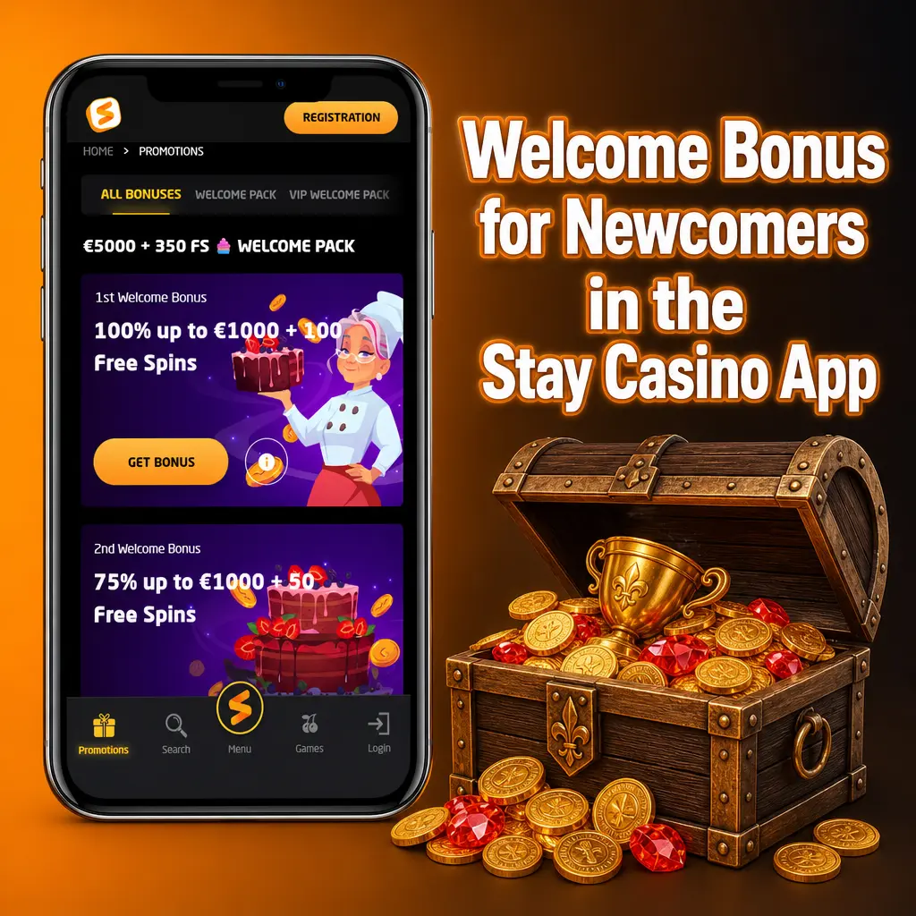 Stay Casino app welcome bonus screen showing casino and sports bonus options for new users