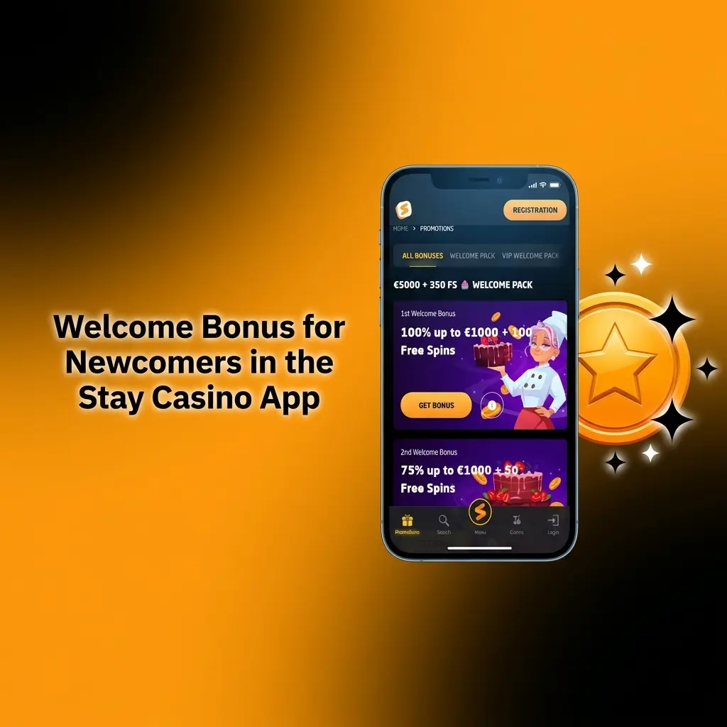 Stay Casino app welcome bonus offer showing 100% match up to EUR 5,000 plus 350 free spins for new users