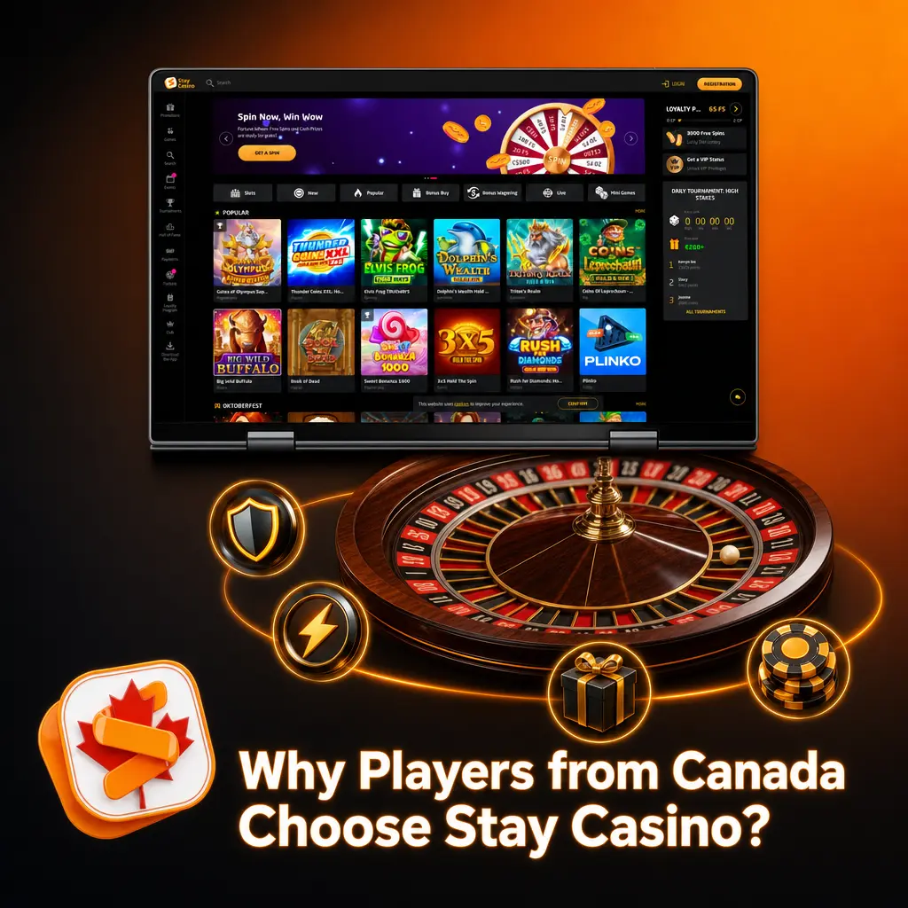 Stay Casino features for Canadian players including CAD support, welcome bonus, 6000+ games, and mobile access